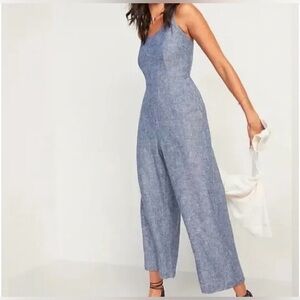 Old Navy XS Chambray Linen Blend Wide Leg Cropped Thin Strap Jumpsuit Boho Beach